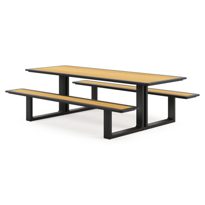 Merano picknicktafel in zwart aluminium en teak tafelblad - L 240 x B 181 x H 73 cm