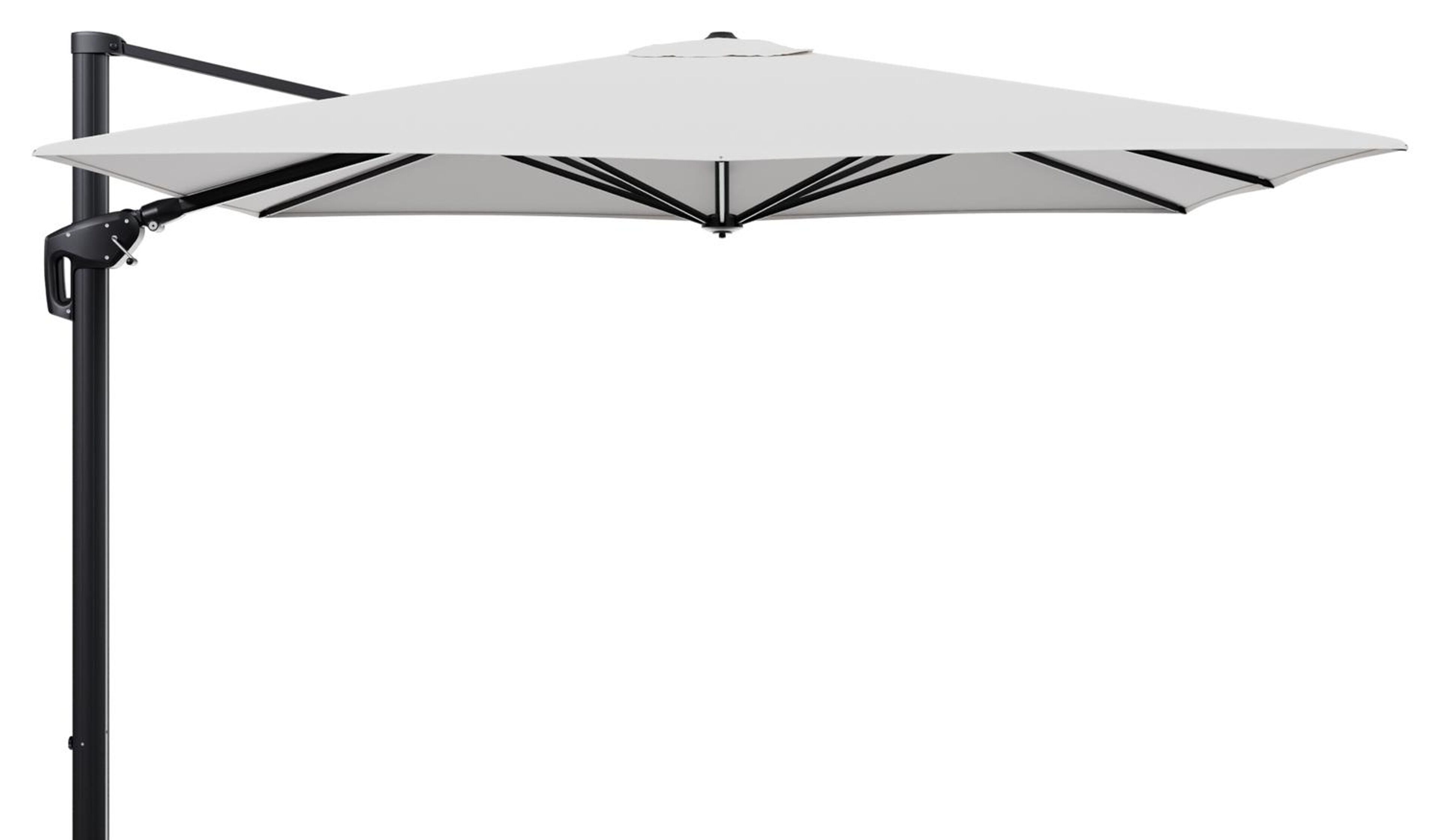 Parasol pendant Minore avec fonction tilt en aluminium noir et toile de parasol en All Weather Solica Soul Optik - Lg.1: 280 x Lg.2: 370 cm (sans pied de parasol