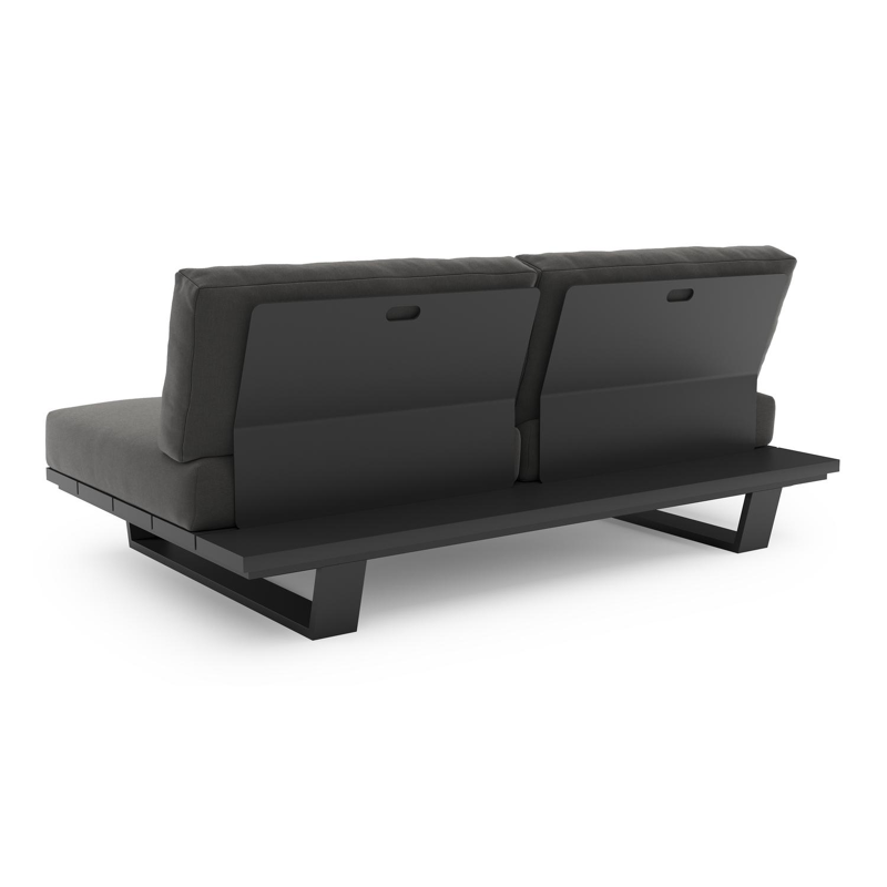 Canapé de jardin Pagino en aluminium noir et coussins en all weather sunbrella® luxe natte charcoal chine