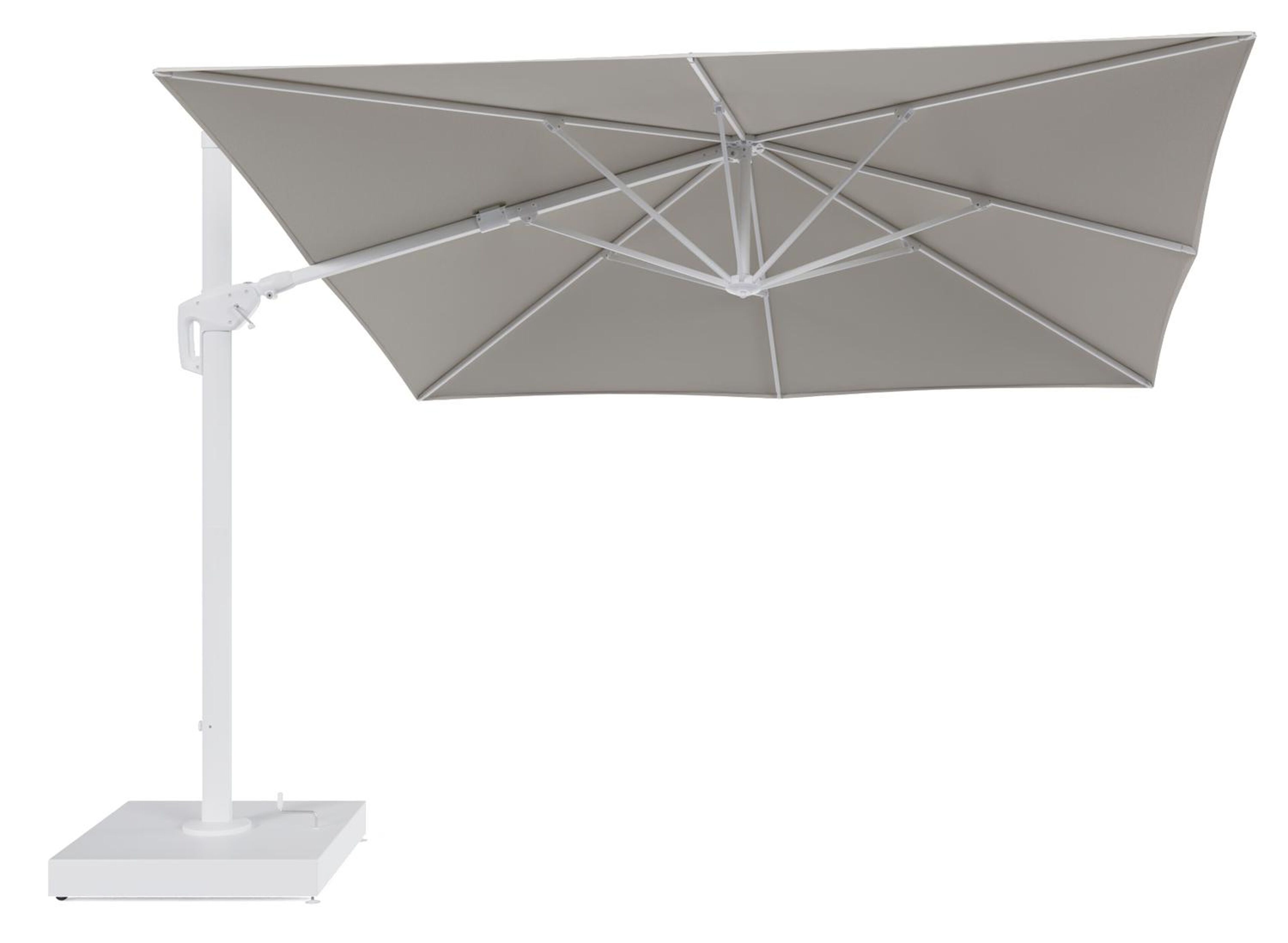 Minore zweefparasol met tiltfunctie in wit aluminium en Lopi Marble All Weather Sunbrella® Luxe parasoldoek - L1 350 x L2: 350 cm met parasolvoet Minore 260 kg met wielen