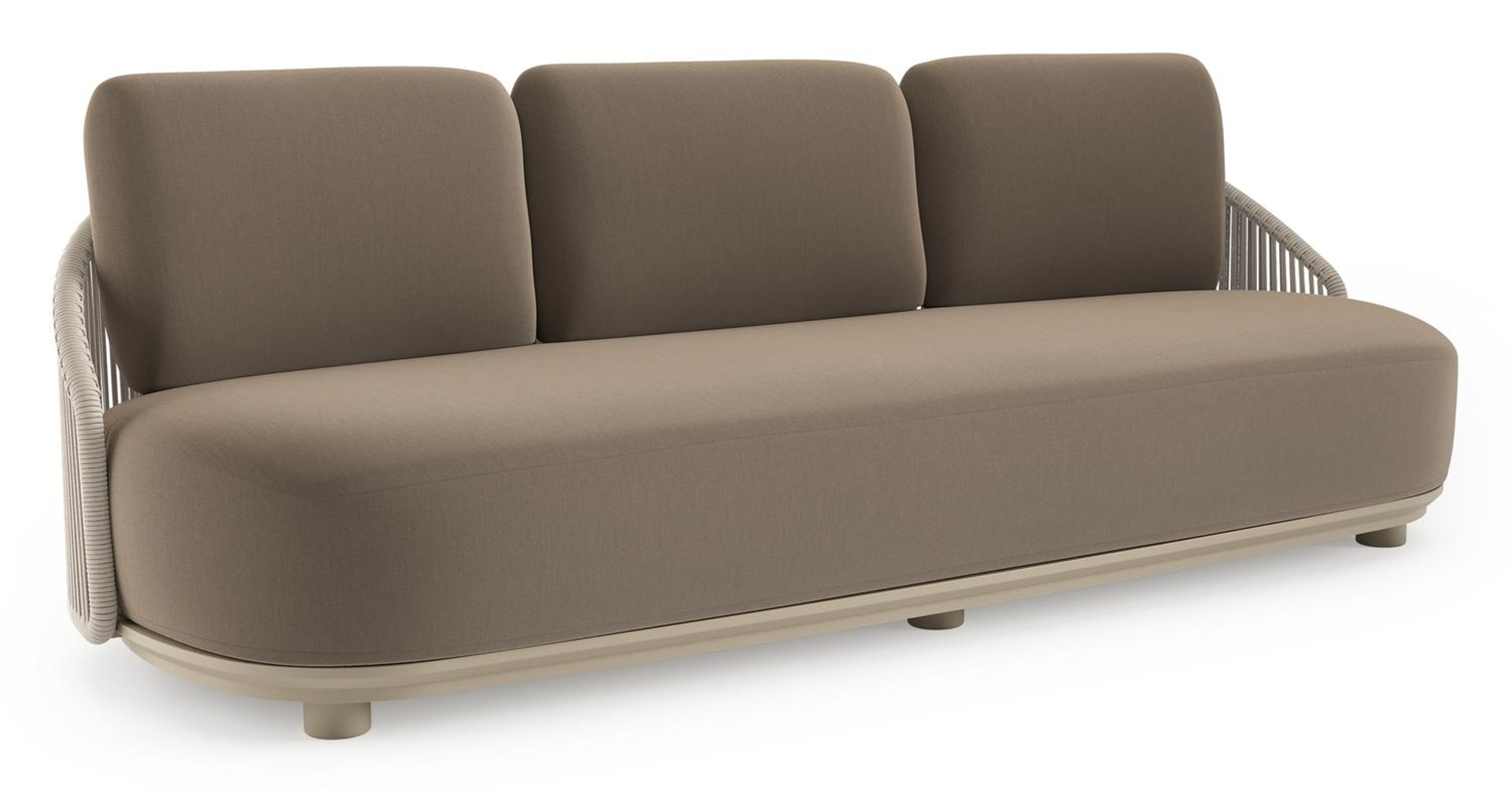 Canapé de jardin Vadelo en aluminium beige et corde ronde tissée verticalement beige et coussins en all weather sunbrella® luxe natte heather grey