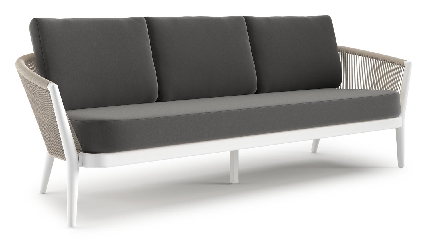 Canapé de jardin Orso en aluminium blanc en corde ronde tissée verticalement beige et coussins en all weather sunbrella® luxe Natte Charcoal Chine