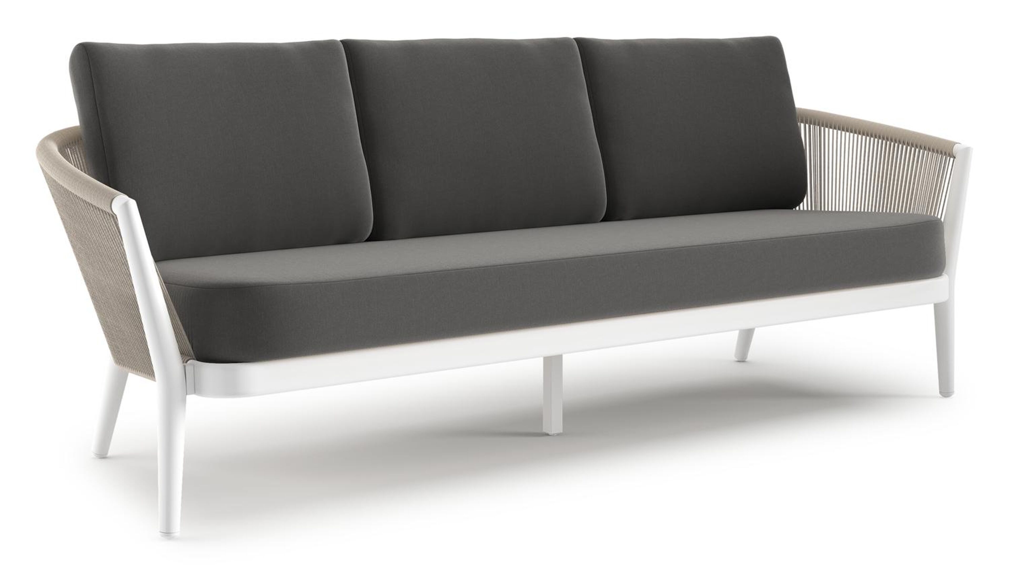 Canapé de jardin Orso en aluminium blanc en corde ronde tissée verticalement beige et coussins en all weather sunbrella® luxe Natte Charcoal Chine