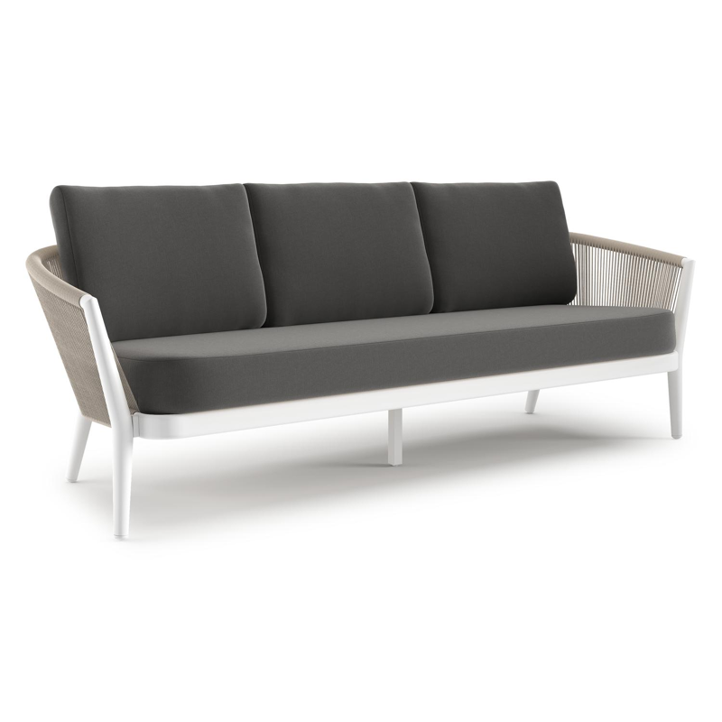 Orso loungebank in wit aluminium en beige verticaal geweven ronde rope met Natte Charcoal Chine all weather sunbrella® luxe kussen