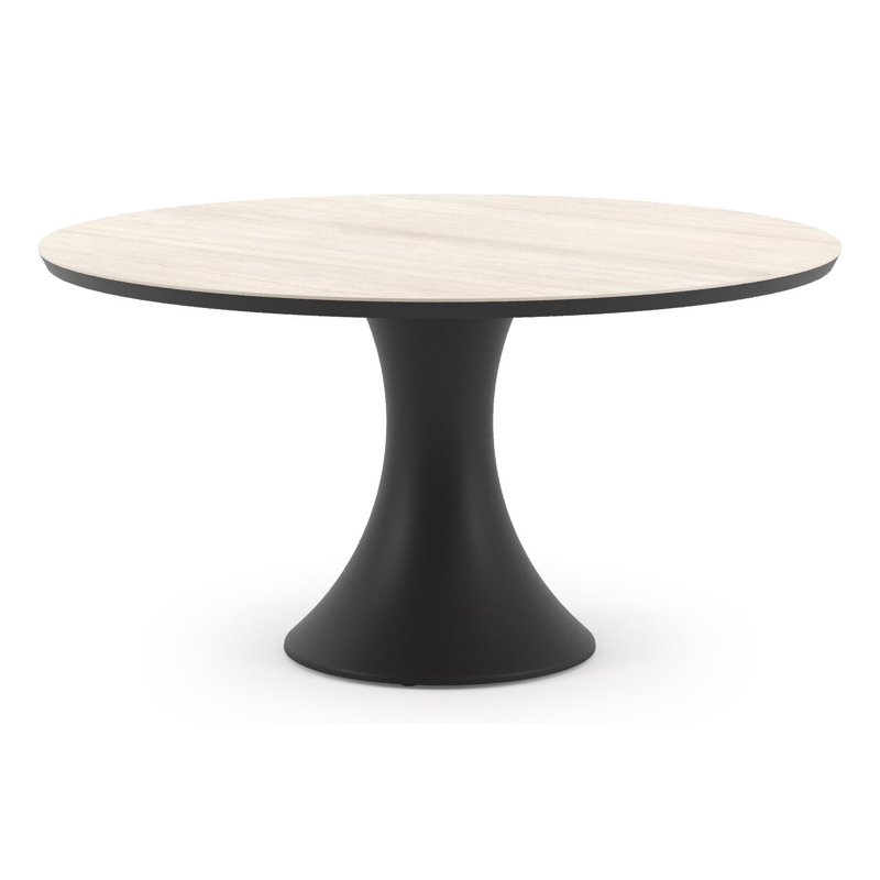 Table de jardin Fano ronde en aluminium noir et céramique pleine Travertino Bianco - Diam. 148 x Haut. 75 cm