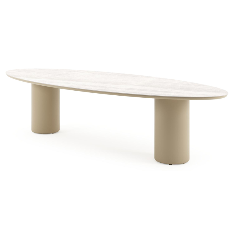 Table de jardin Amico oval en aluminium beige et céramique pleine Taj Mahal - Lg. 320 x Lrg. 130 x Haut. 73.5 cm