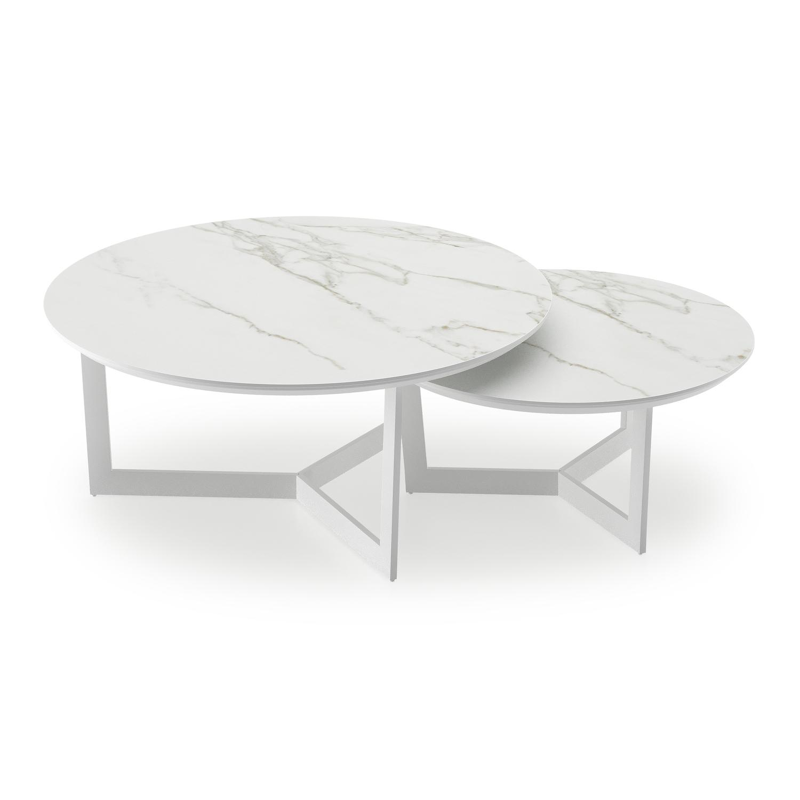 Lacrima loungetafels in wit aluminium en calacatta volkeramiek - Dia. 85/65 x H 35/30 cm