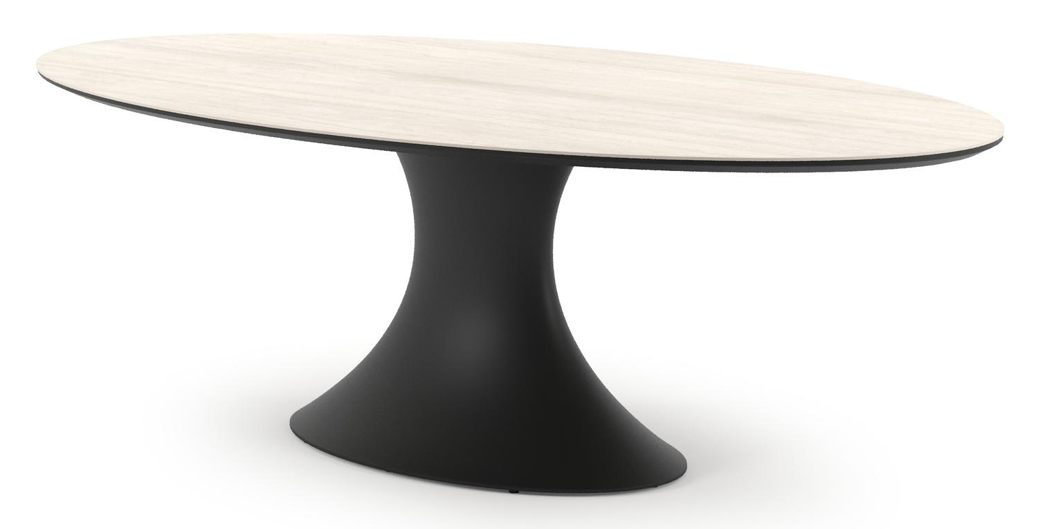 Table de jardin Fano ovale en aluminium noir et céramique pleine Travertino Bianco - Lg. 238 x Lrg. 135 x Haut. 75 cm