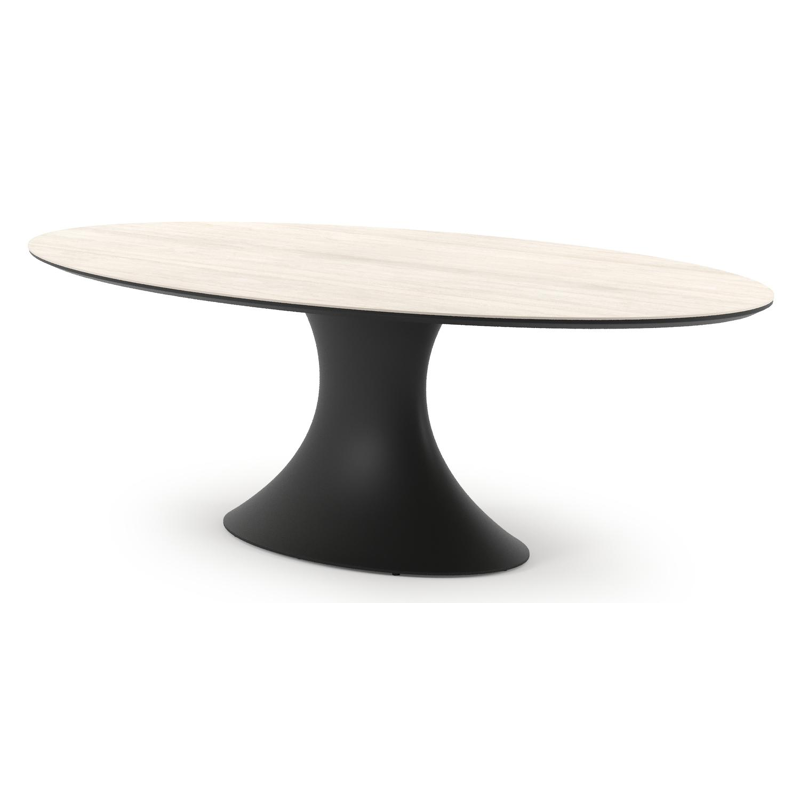Table de jardin Fano ovale en aluminium noir et céramique pleine Travertino Bianco - Lg. 238 x Lrg. 135 x Haut. 75 cm