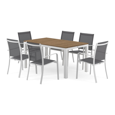 Varese tuinset in wit aluminium en naturel teak tafelblad met 6 stapelbare Calobra tuinstoelen