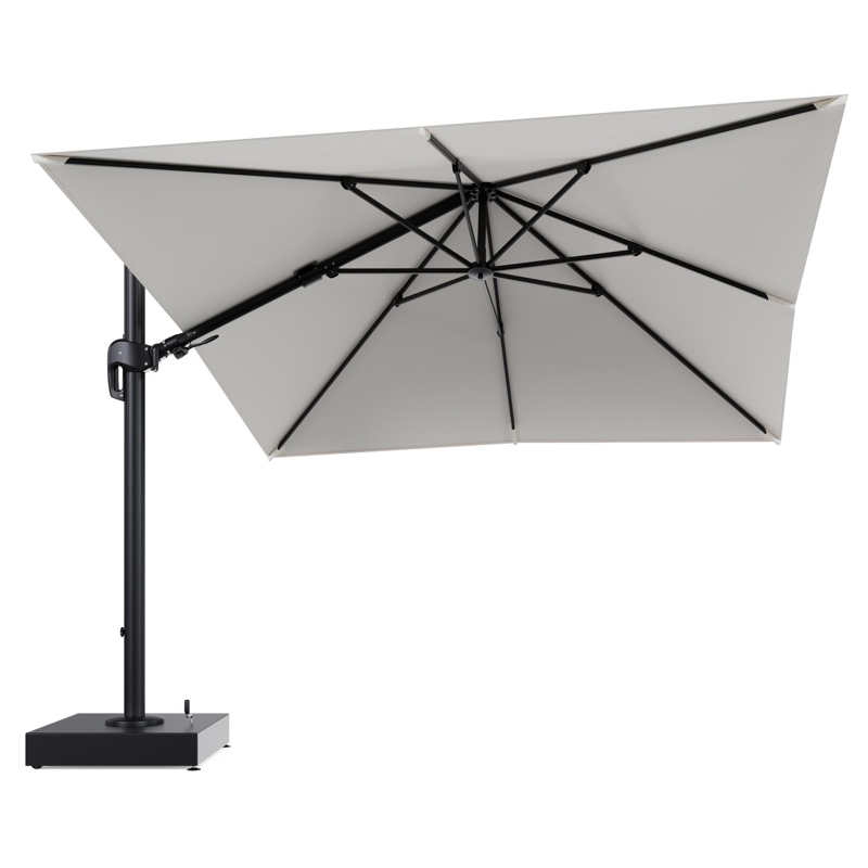 Parasol pendant Rufina avec fonction tilt en aluminium noir et toile de parasol All Weather Sunbrella® Luxe Natte White - Lg.1 300 x Lg.2 300 cm avec pied de parasol Minore 150 kg avec roulettes