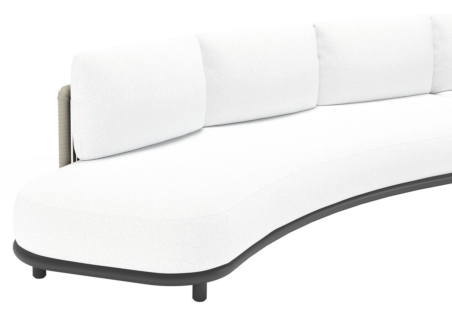 Lomano loungebank in zwart aluminium en beige verticaal geweven luxe vlakke rope met Ego Birch all weather solica