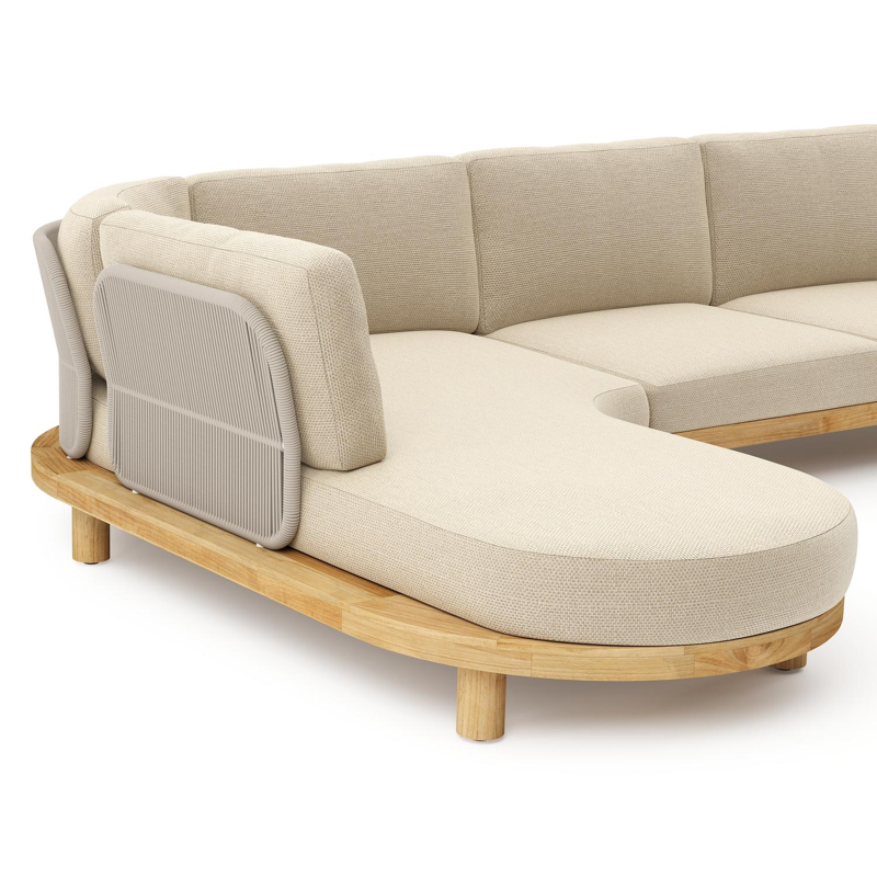 Donato loungehoek in teak en beige verticaal geweven ronde rope met all weather cosytica Althea Camel kussen