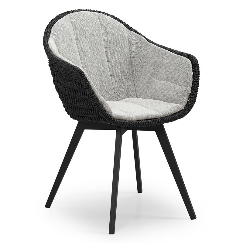Pagino tuinstoel in zwart aluminium en zwart ronde wicker met zitkussen in All Weather Sunbrella® Luxe Savane Nimbus