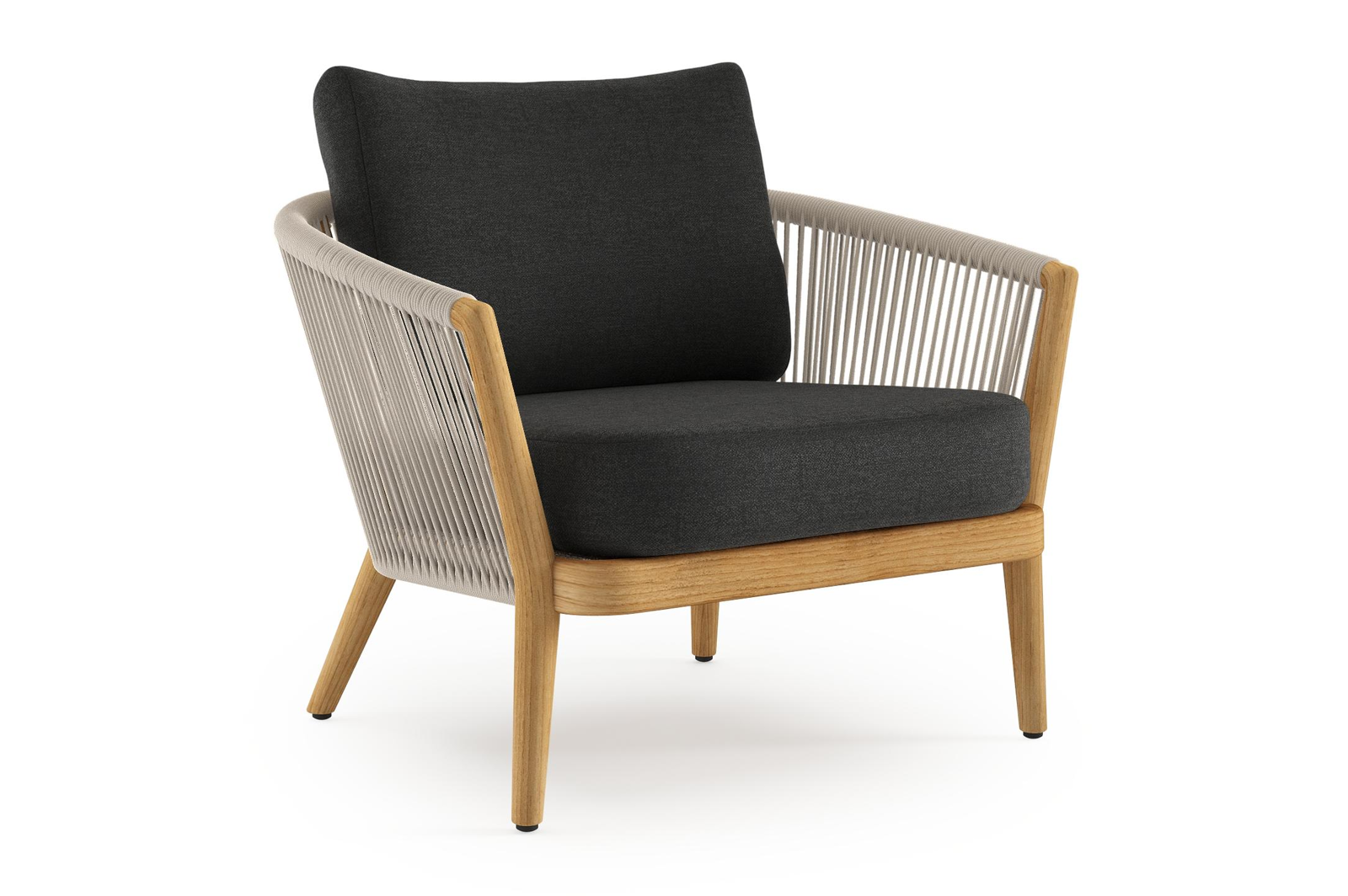 Orso loungestoel in teak en beige verticaal geweven ronde rope met Chartres Sooty all weather sunbrella® luxe kussen