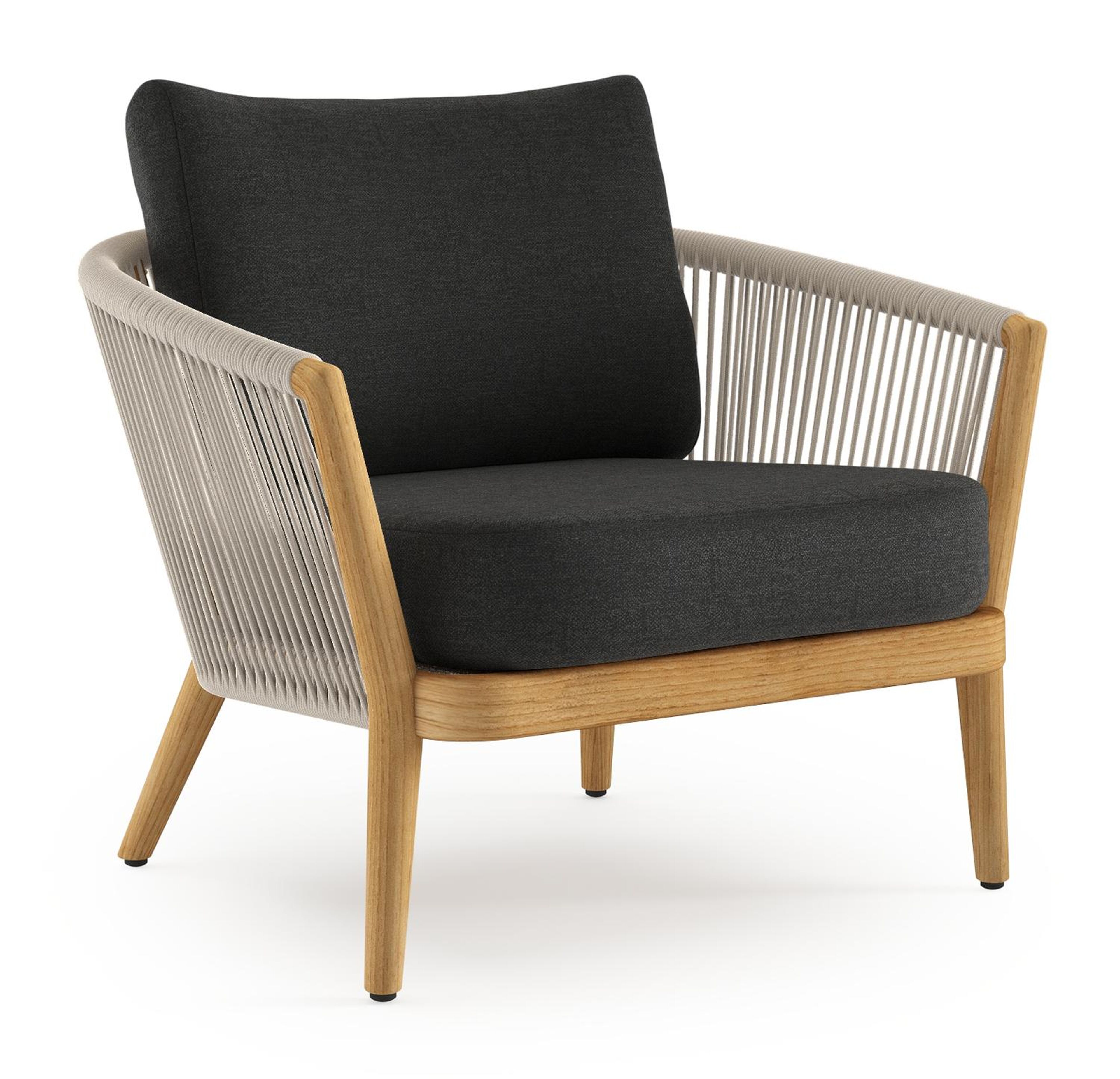 Orso loungestoel in teak en beige verticaal geweven ronde rope met Chartres Sooty all weather sunbrella® luxe kussen