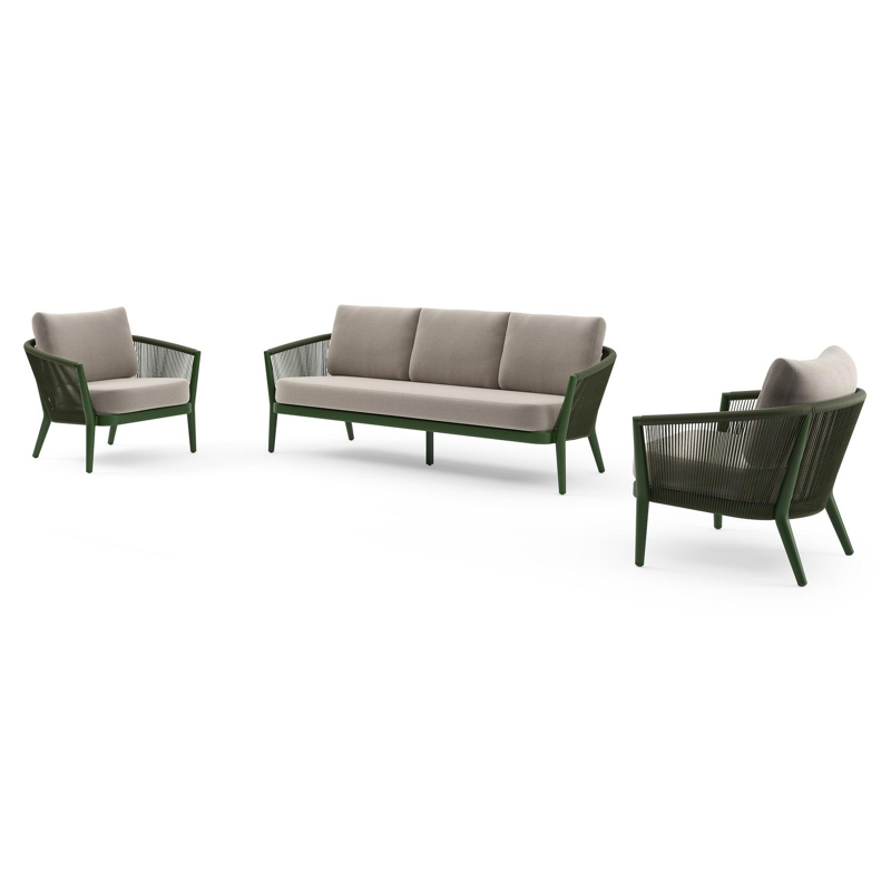 Orso loungeset in groen aluminium en groen verticaal geweven ronde rope met Savane Coconut all weather sunbrella® luxe kussen