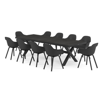 Ensemble de jardin Reza en aluminium noir avec plateau de table en céramique pleine noir et 10 chaises de jardin Puglia