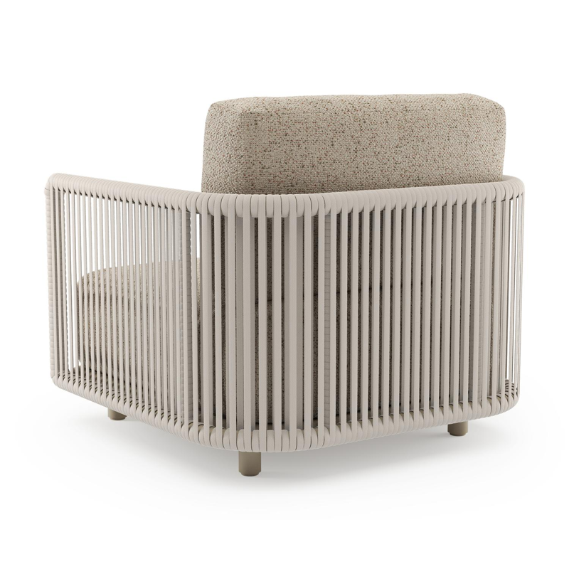 Organo loungestoel in beige aluminium en beige verticaal geweven luxe vlakke rope met bora jungle all weather Cosytica kussen