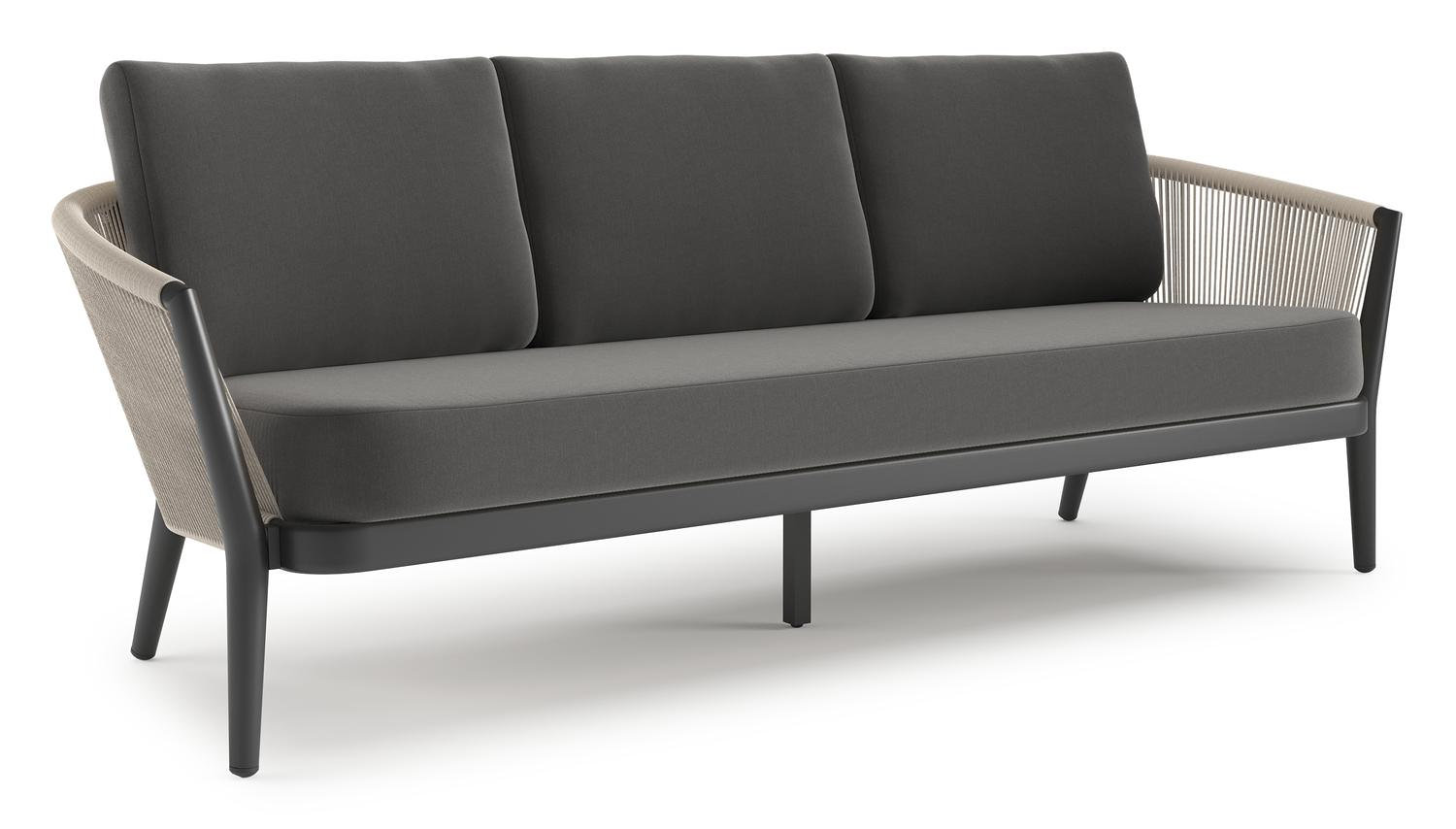 Canapé de jardin Orso en aluminium noir en corde ronde tissée verticalement beige et coussins en all weather sunbrella® luxe Natte Charcoal Chine