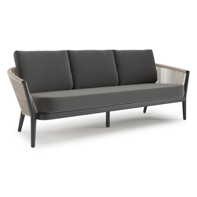 Orso loungebank in zwart aluminium en beige verticaal geweven ronde rope met Natte Charcoal Chine all weather sunbrella® luxe kussen