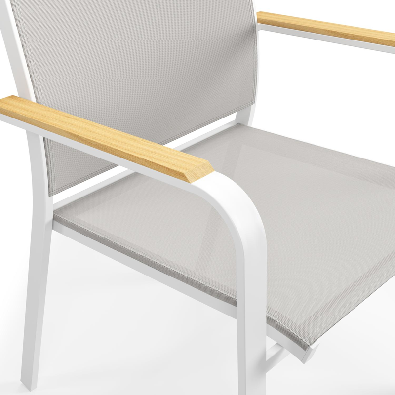 Varese tuinset in wit aluminium en naturel teak tafelblad met 8 stapelbare Amalfi tuinstoelen