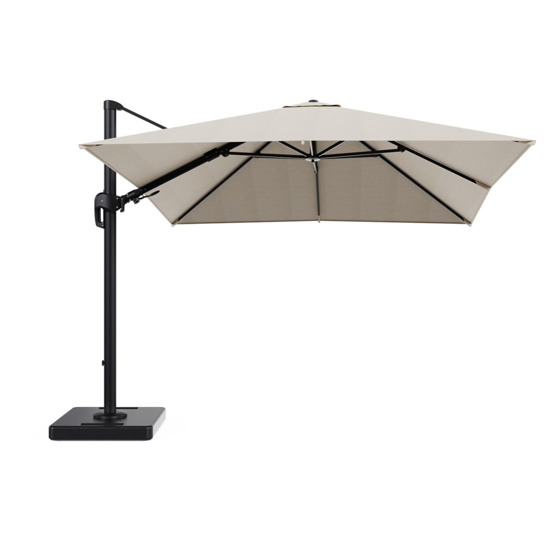 Rufina zweefparasol tiltfunctie in zwart aluminium en parasoldoek in All Weather Sunbrella® Premium Beige - L1 300 x L2 300 cm met parasolvoet Lapido 160 kg