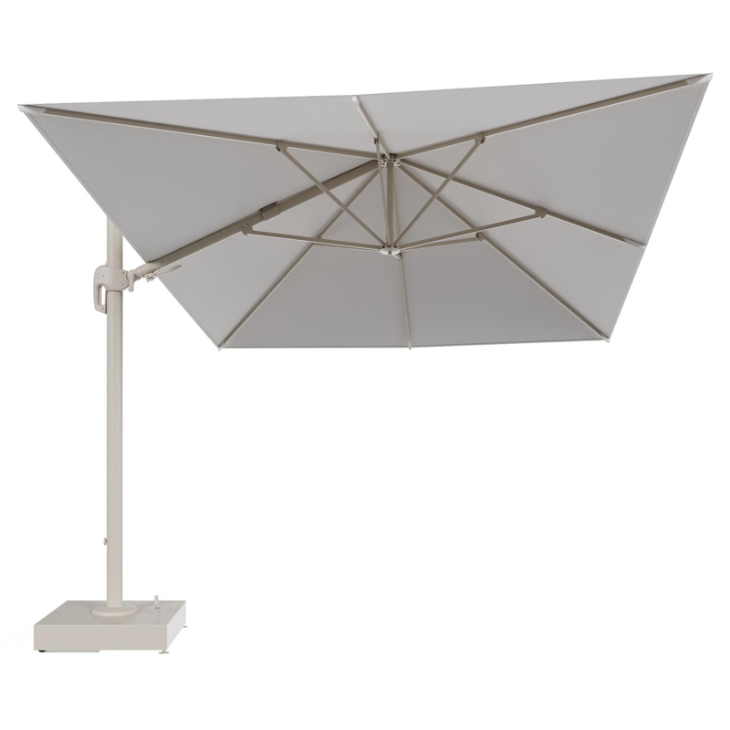 Parasol pendant Rufina avec fonction tilt en aluminium beige et toile de parasol All Weather Solica Soul Optik - Lg.1 400 x Lg.2 300 cm avec pied de parasol Minore 150 kg avec roulettes