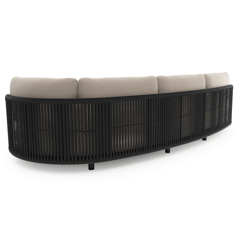 Lomano loungebank in zwart aluminium en zwart verticaal geweven luxe vlakke rope met lopi fossil all weather sunbrella® luxe kussen