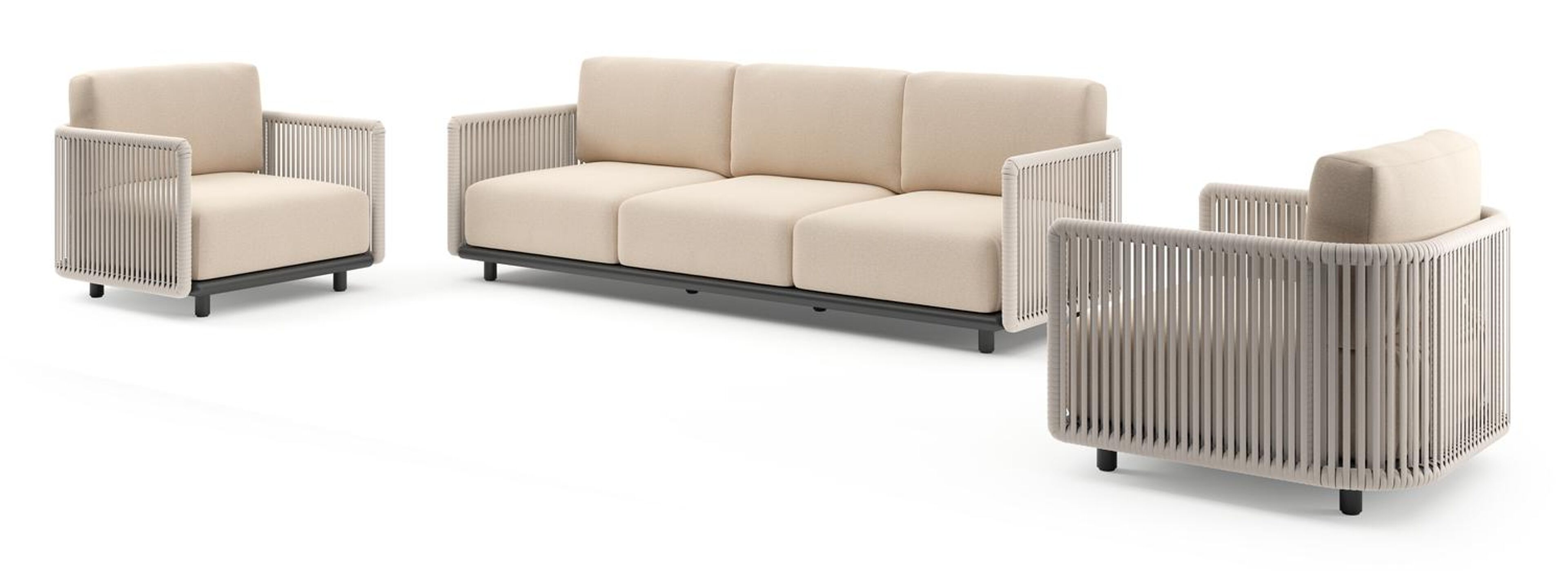 Organo loungeset in zwart aluminium en beige verticaal geweven luxe vlakke rope met heritage papyrus all weather sunbrella® luxe kussens
