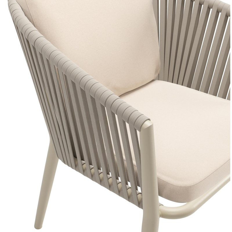 Chaise de jardin Orso en aluminium beige et corde plate tissée verticalement beige avec coussin luxe en All Weather Sunbrella® Luxe Natte Linen Chalk