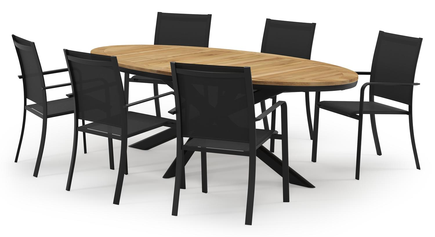 Pamplona ovale tuinset in zwart aluminium en teak natural finish met 6 Calobra tuinstoelen