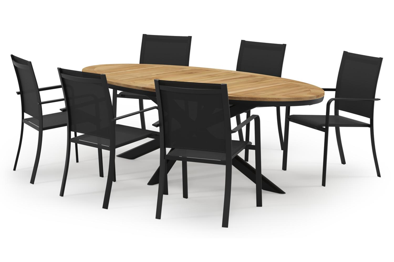 Pamplona ovale tuinset in zwart aluminium en teak natural finish met 6 Calobra tuinstoelen