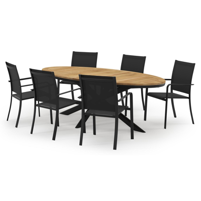 Pamplona ovale tuinset in zwart aluminium en teak natural finish met 6 Calobra tuinstoelen