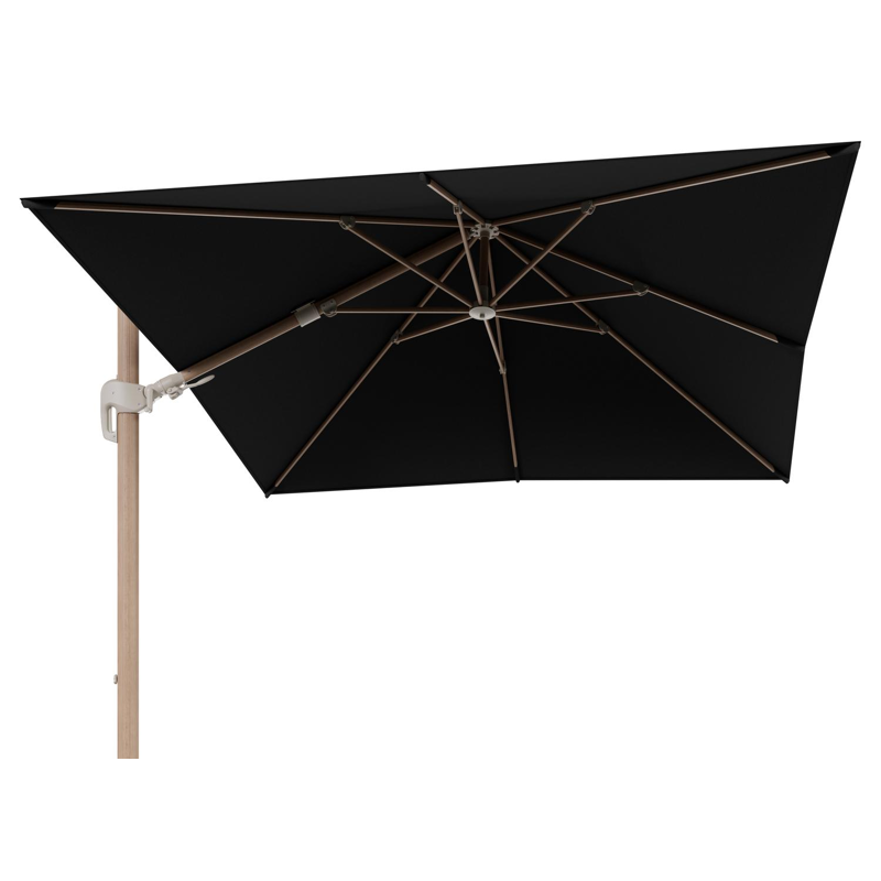 Rufina zweefparasol tiltfunctie in houtlook aluminium en parasoldoek in All Weather Sunbrella® Luxe Natte Sooty  - L1 300 x L2 300 cm (zonder voet)