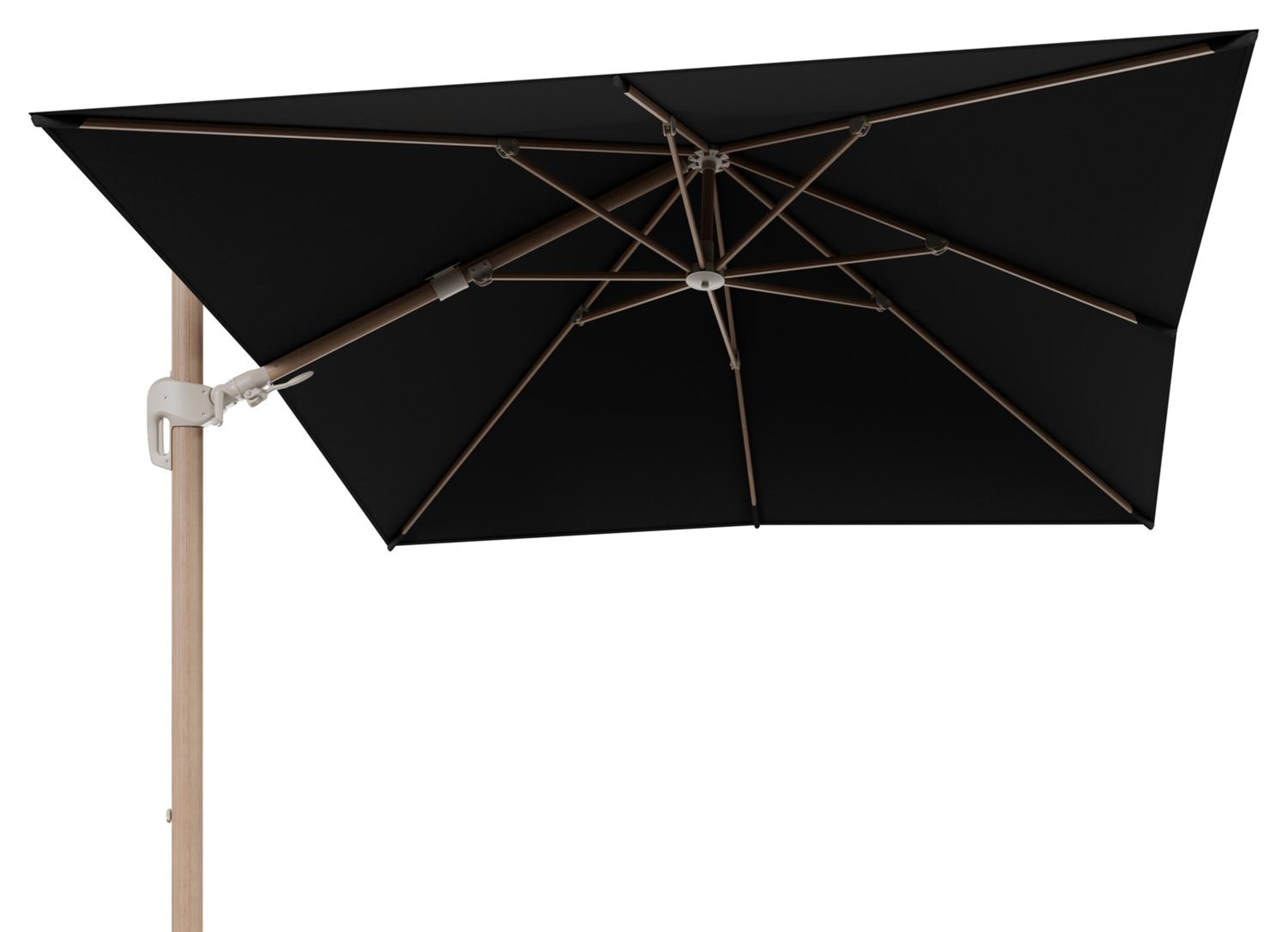 Rufina zweefparasol tiltfunctie in houtlook aluminium en parasoldoek in All Weather Sunbrella® Luxe Natte Sooty  - L1 300 x L2 300 cm (zonder voet) (zonder voet)