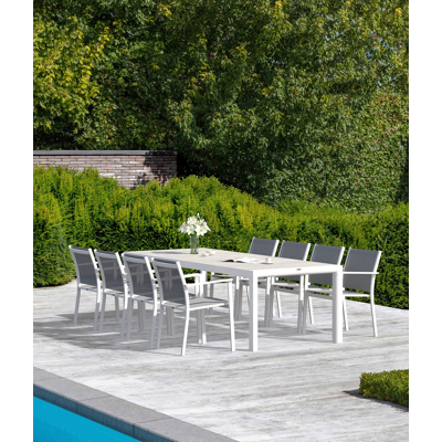Madura tuinset in wit aluminium en grijs keramische tegels tafelblad met 8 stapelbare Bareto tuinstoelen