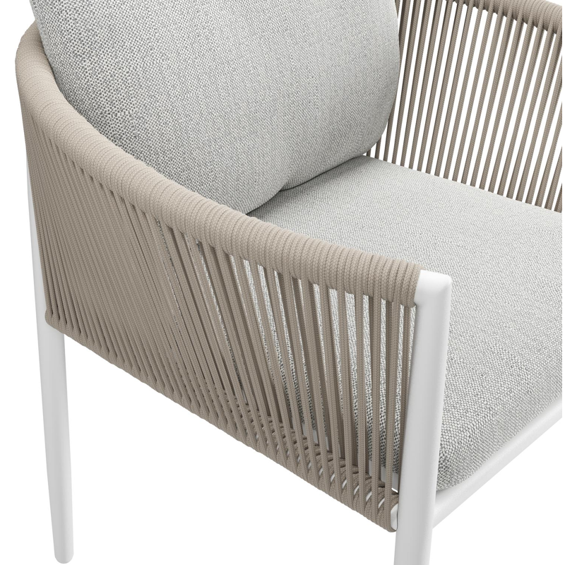 Organo tuinstoel in beige aluminium en beige verticaal geweven ronde rope met stoelkussen in All Weather Sunbrella® Luxe Savane Nimbus