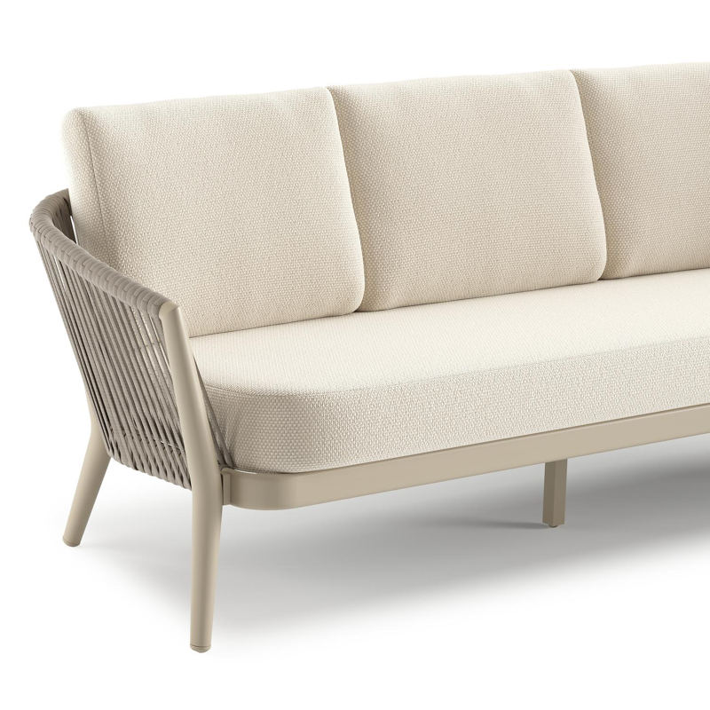 Orso loungebank in beige aluminium en beige verticaal geweven ronde rope met Althea Off White all weather cosytica kussen