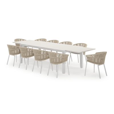 Calobra uitschuifbare tuinset in wit aluminium en sintered stone Crema Minerale met 10 Matera tuinstoelen met kussens