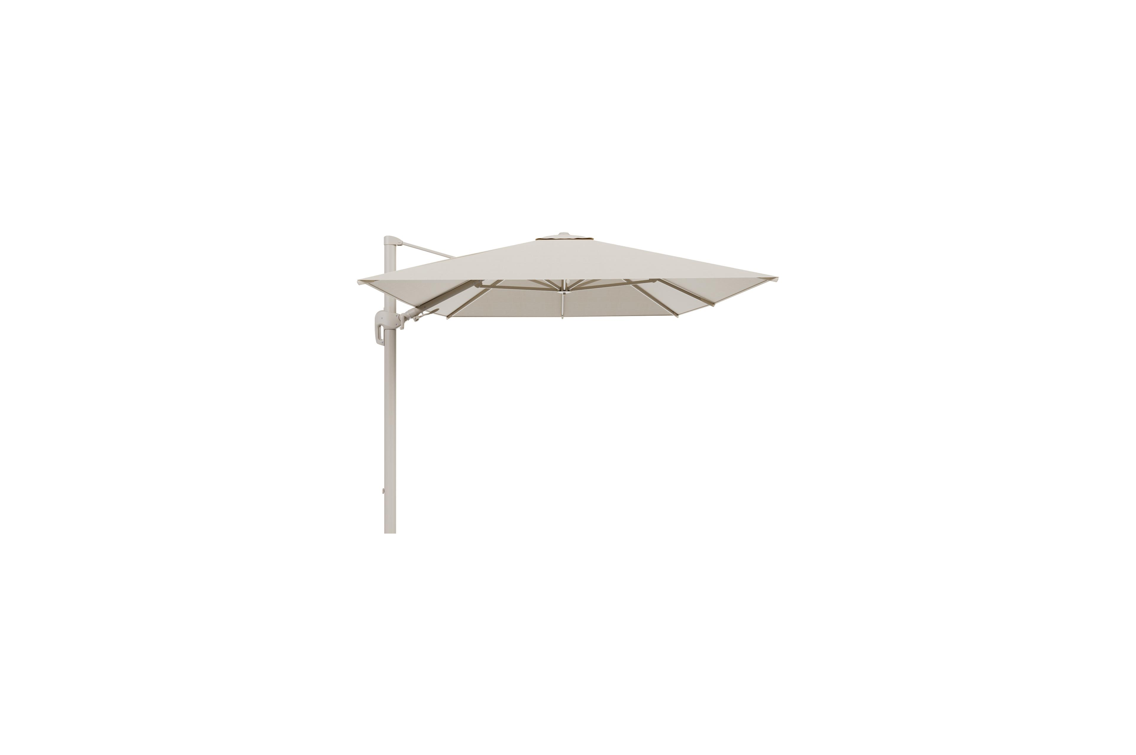 Rufina zweefparasol met tiltfunctie in beige aluminium met beige all weather sunbrella® premium parasoldoek - L1 350 x L2 250 cm (zonder voet)