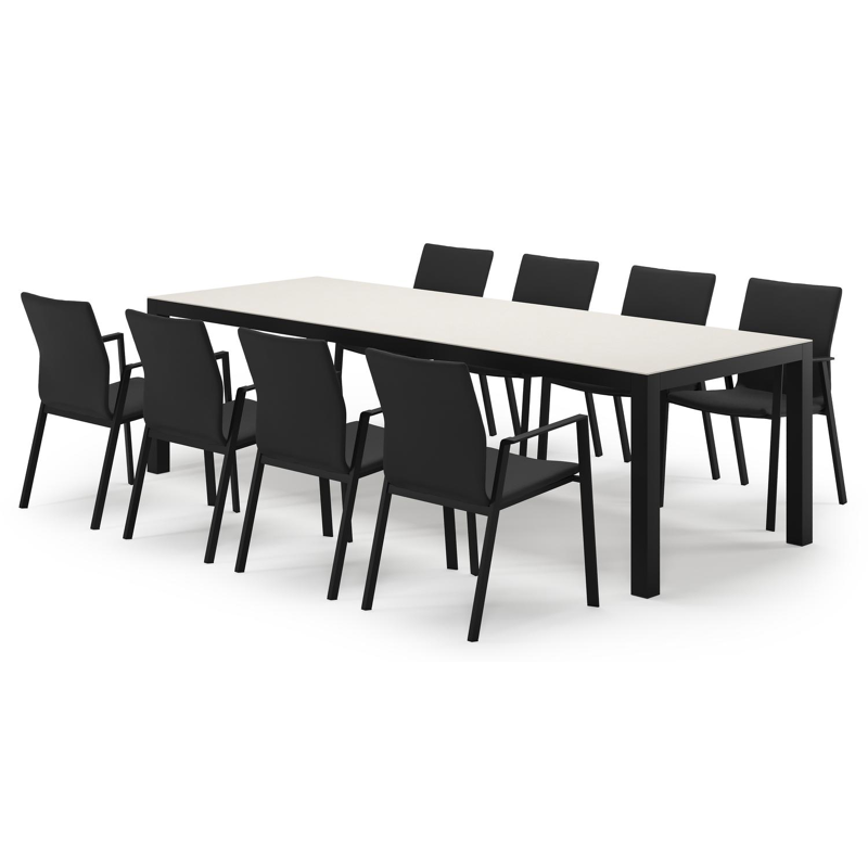 Varese rechthoekige tuinset in zwart aluminium en sintered stone crema minerale met 8 Madura tuinstoelen