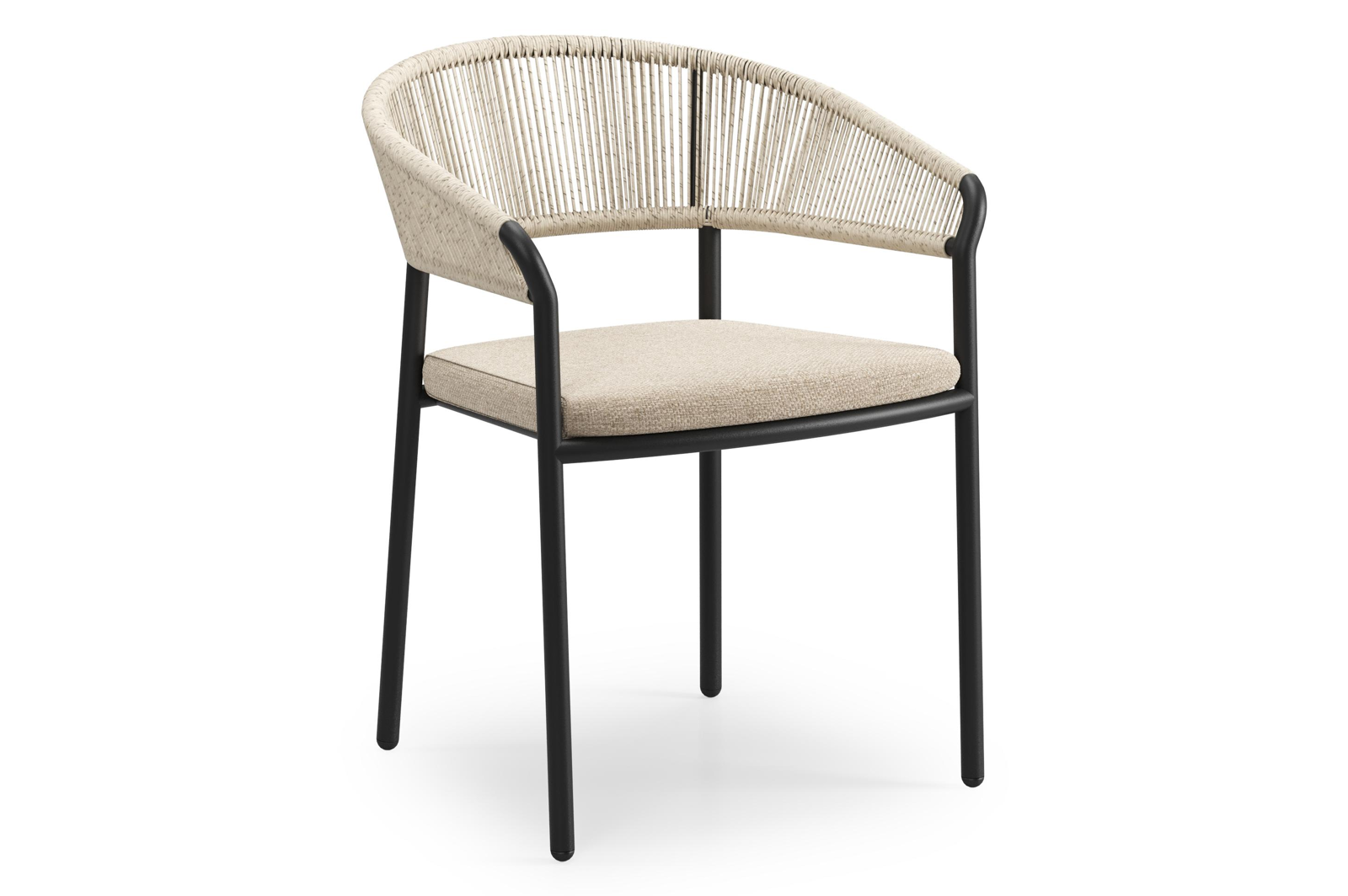 Zamora tuinstoel in zwart aluminium en beige gedraaide ronde wicker met rustic Weather+ Softtouch kussen