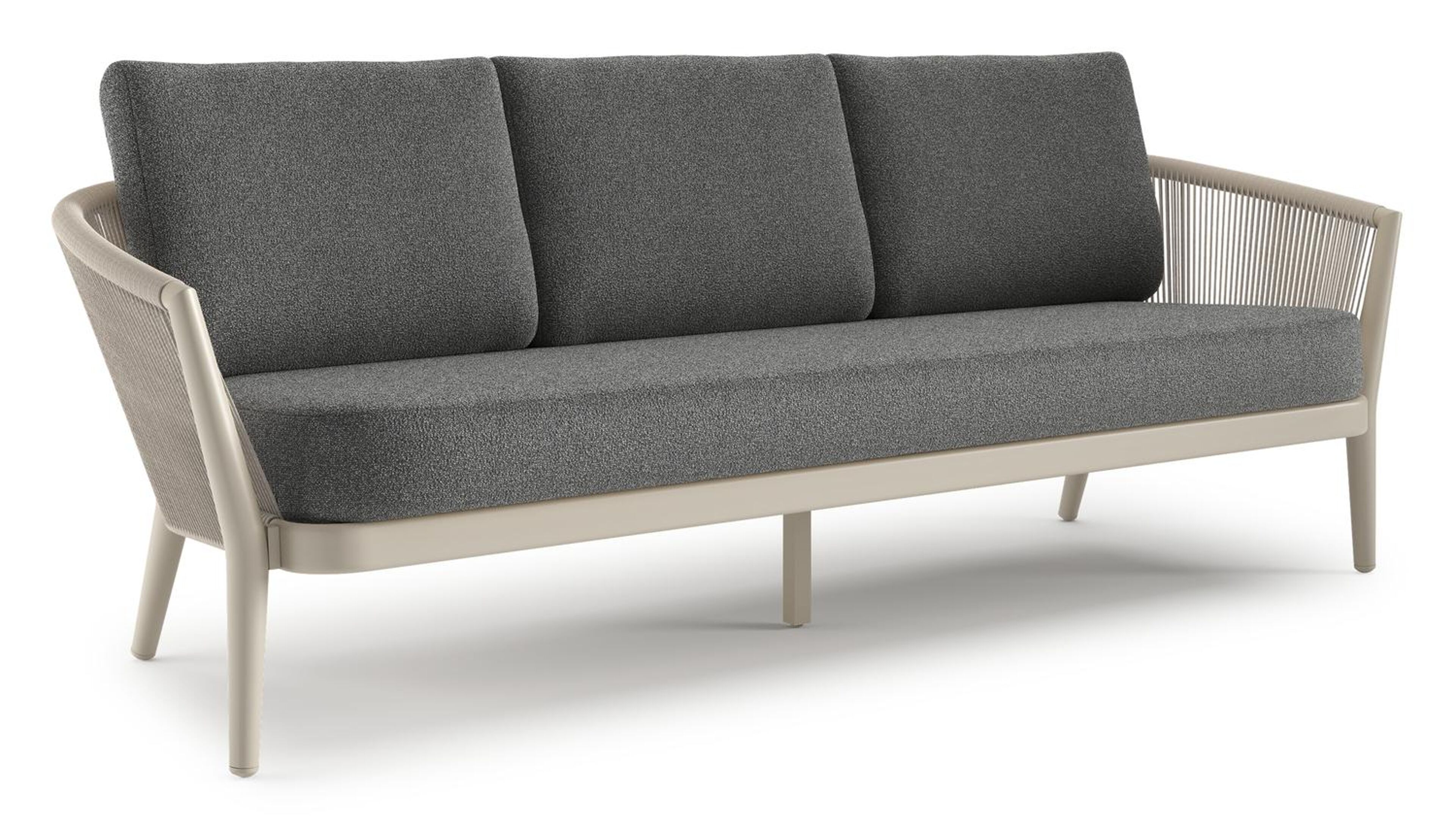 Orso loungebank in beige aluminium en beige verticaal geweven ronde rope met Catania Black all weather cosytica kussen