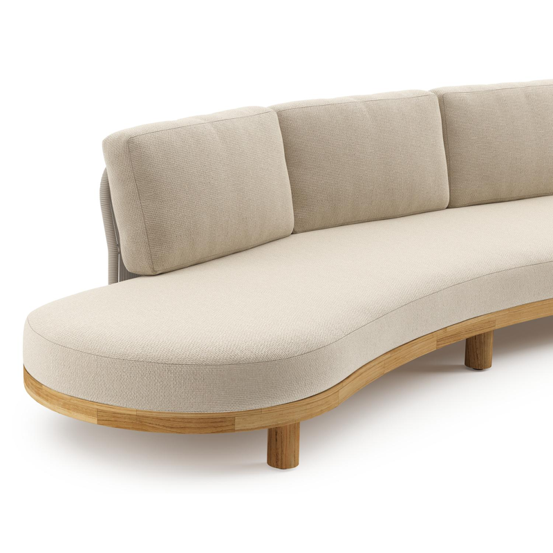 Donato loungebank in teak en beige verticaal geweven ronde rope met all weather cosytica Althea Chalk kussen