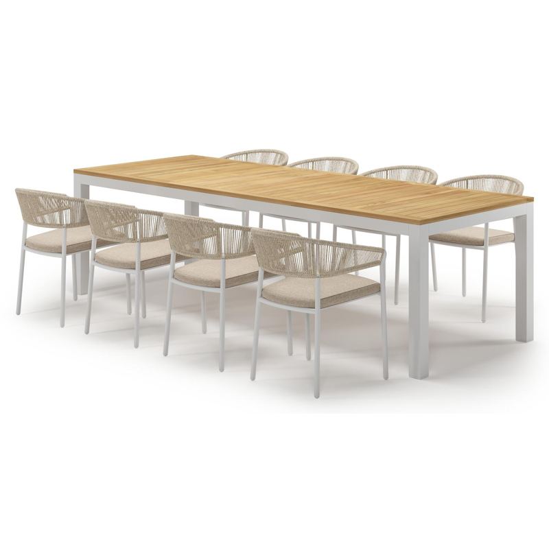 Varese tuinset in wit aluminium en teak met 8 Zamora tuinstoelen