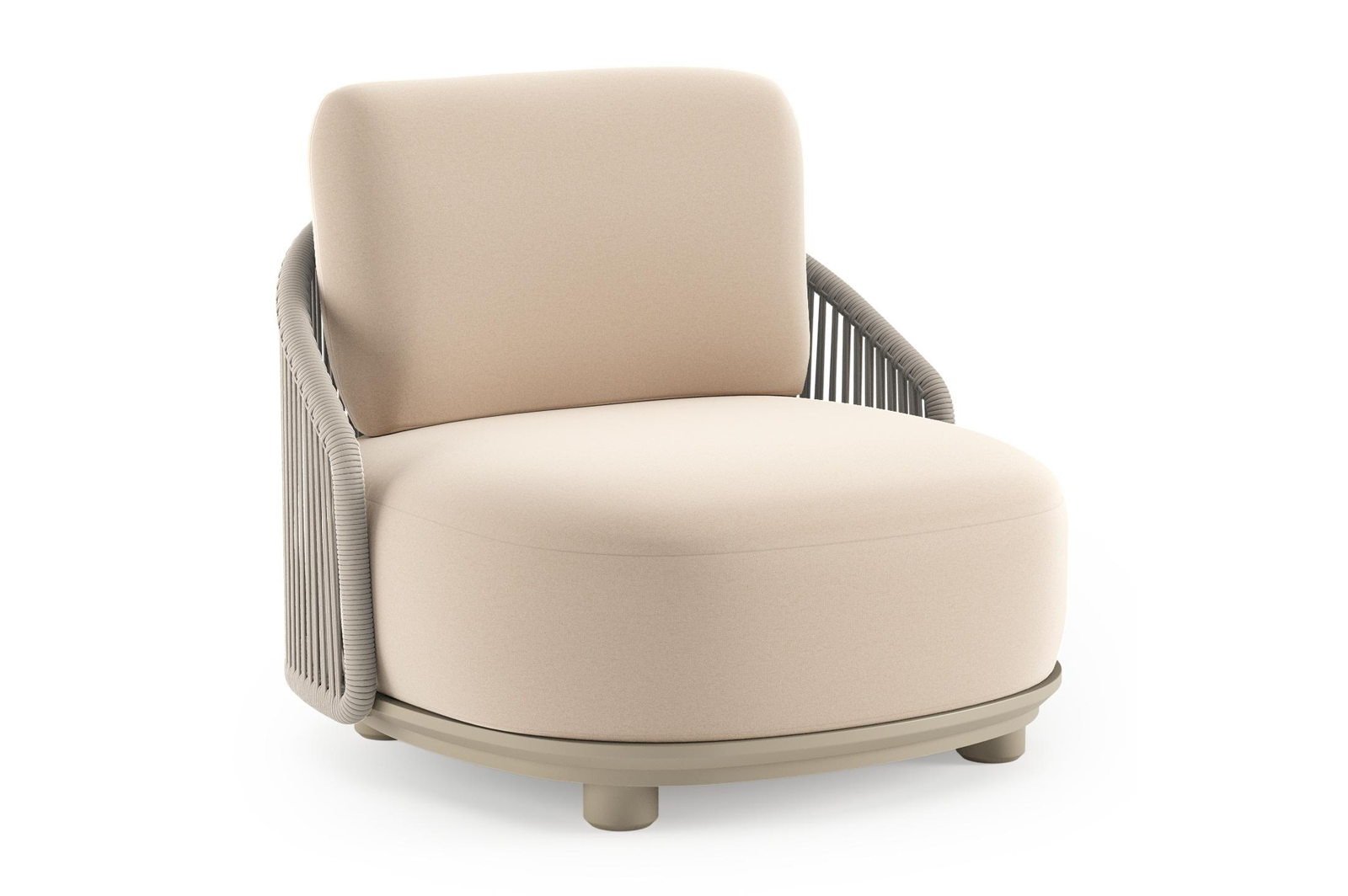 Fauteuil de jardin Vadelo en aluminium beige et corde ronde tissée verticalement beige et coussins en all weather sunbrella® luxe natte linen chalk