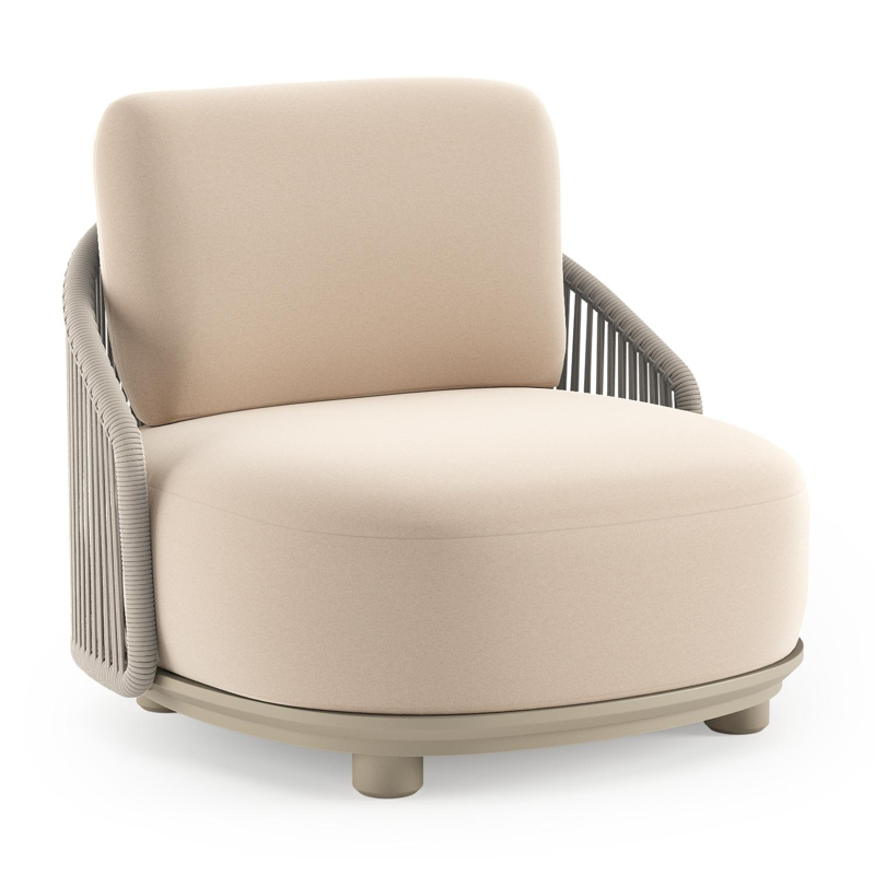 Fauteuil de jardin Vadelo en aluminium beige et corde ronde tissée verticalement beige et coussins en all weather sunbrella® luxe natte linen chalk
