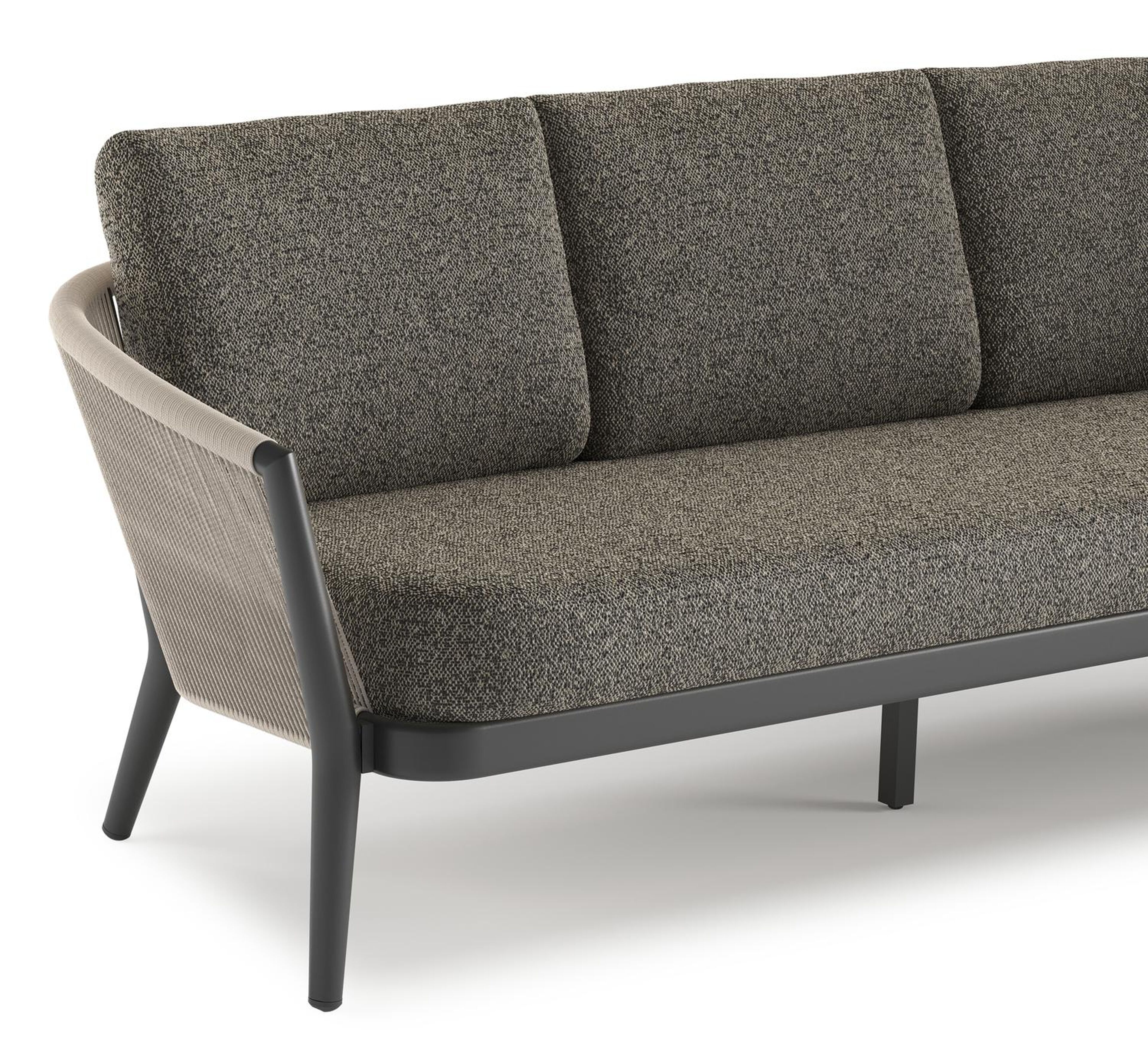 Orso loungebank in zwart aluminium en beige verticaal geweven ronde rope met Marbella Tunder all weather cosytica kussen