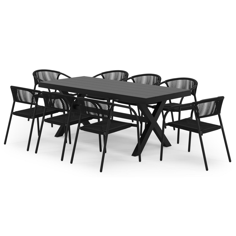 Bahia tuinset in zwart aluminium met 8 stapelbare Melo tuinstoelen